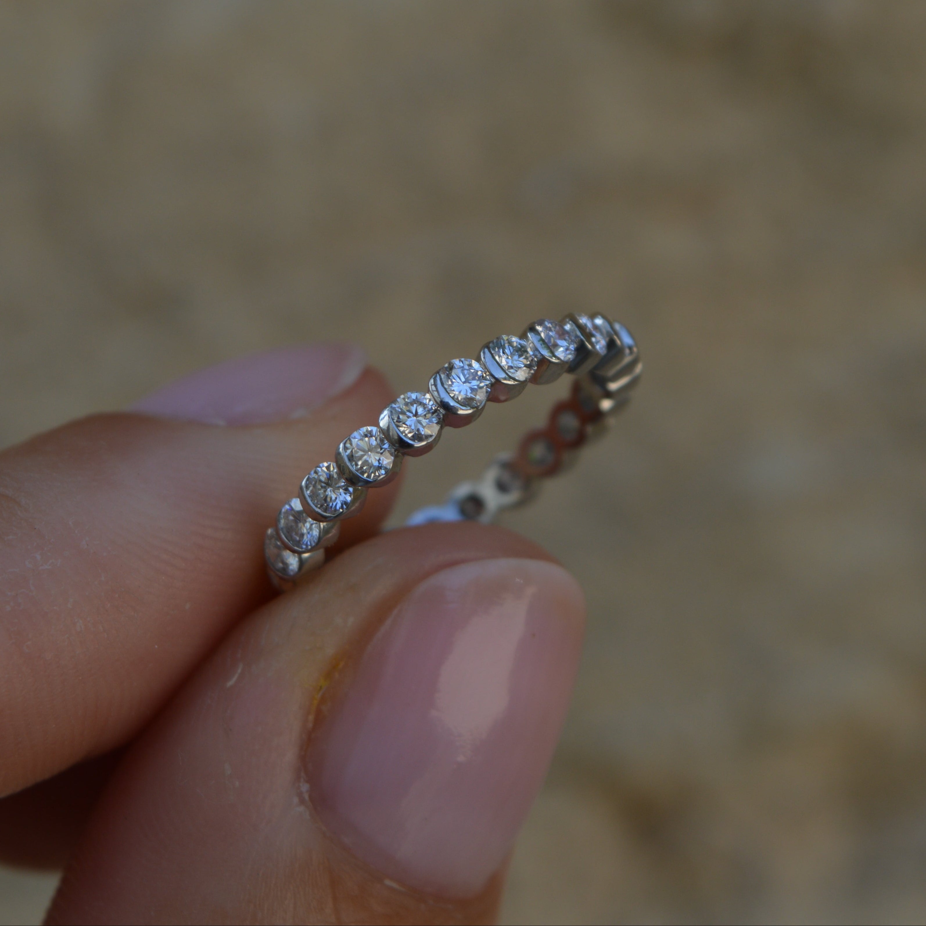 Vintage Inspired Half Moon Bezel Set Diamond Eternity Ring