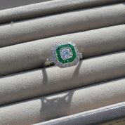 Art Deco Style Emerald and Diamond Octagon Target Engagement Ring
