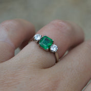 Emerald and Diamond Three Stone Diamond Engagement Ring