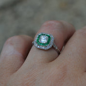Art Deco Style Emerald and Diamond Octagon Target Engagement Ring