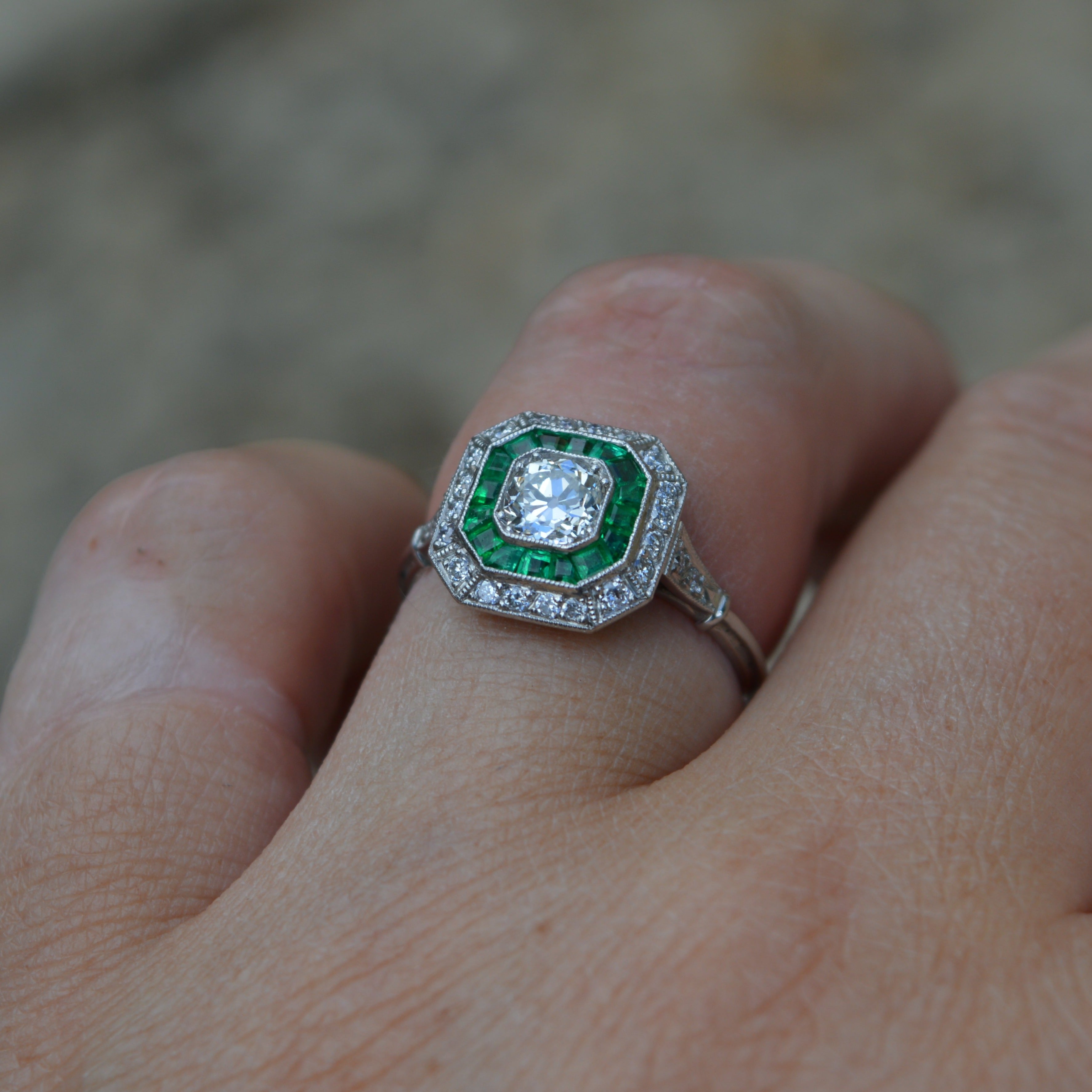 Art Deco Style Emerald and Diamond Octagon Target Engagement Ring