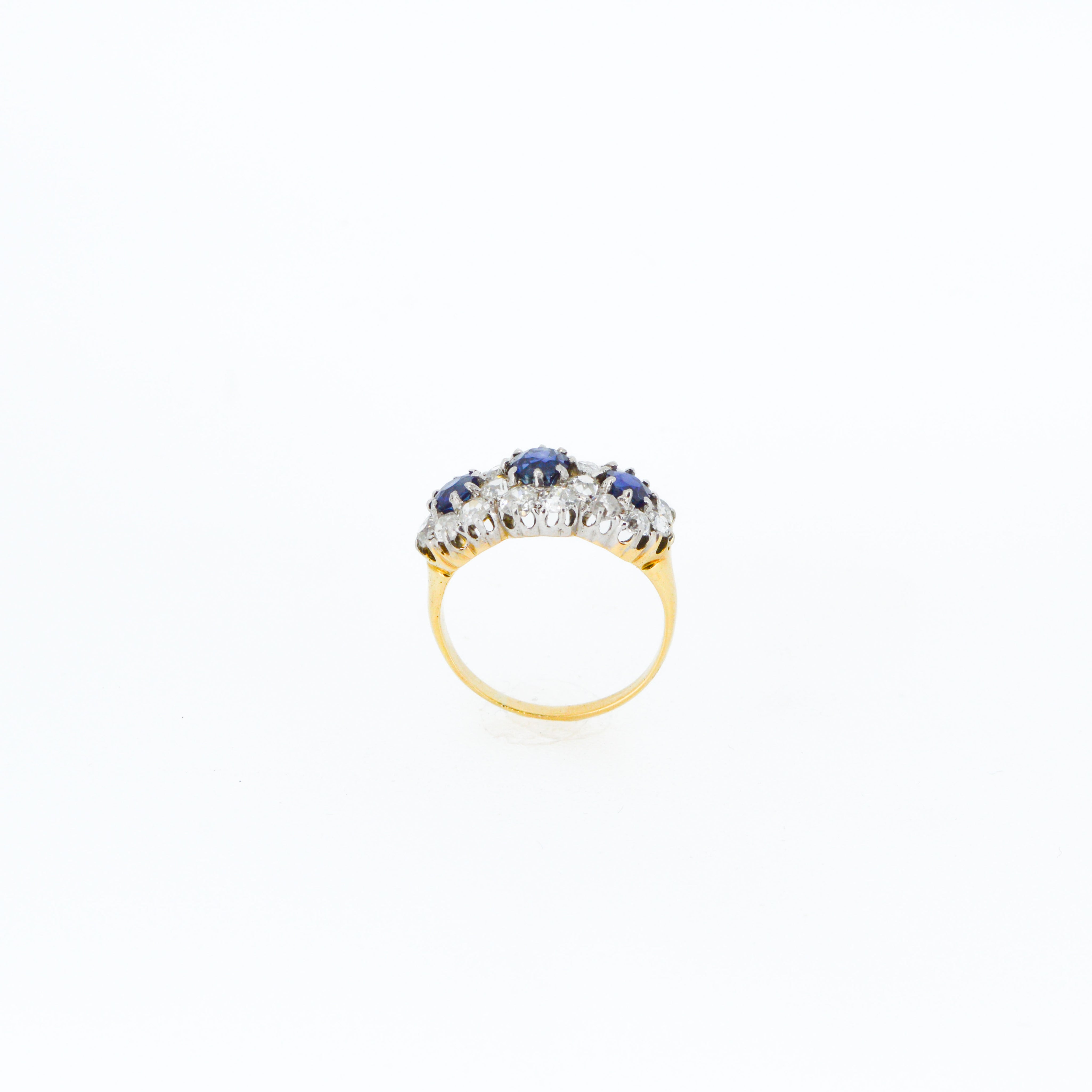 Antique Sapphire and Diamond Three Stone Cluster Ring